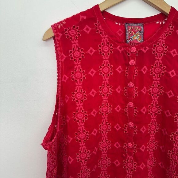 Johnny Was Women’s Red Floral Symmetrical Boho Eyelet Sleeveless Blouse - Picture 7 of 10